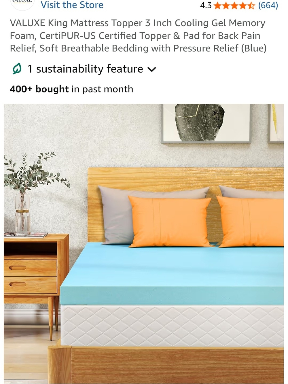 Luxe Light Blue Cooling  Memory Foam Mattress Topper. (KING)